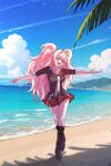  1girl :d beach bear_hair_ornament big_hair black_footwear black_necktie black_shirt blonde_hair blue_sky boots bow cloud danganronpa:_trigger_happy_havoc danganronpa_(series) danjong_8 day enoshima_junko full_body hair_ornament highres knee_boots miniskirt necktie ocean outdoors pleated_skirt red_bow red_skirt revision shirt short_sleeves skirt sky smile solo standing teeth twintails water white_necktie 