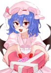  1girl absurdres ayo_rimaisu bat_wings blue_hair box cellphone dress hair_between_eyes heart-shaped_box highres holding holding_box looking_at_viewer open_mouth phone pink_dress pink_headwear red_eyes red_nails remilia_scarlet short_hair shy simple_background solo touhou upper_body valentine white_background wings 