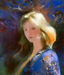  1girl abstract art_study blonde_hair blue_kimono blush closed_mouth commentary dappled_sunlight english_commentary faux_traditional_media from_side highres japanese_clothes kimono lips long_hair looking_at_viewer original outdoors portrait short_hair solo sunlight tree yuming_li 