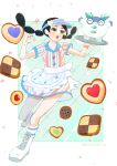  1girl absurdres apron black_hair candice_(palentine&#039;s_2024)_(pokemon) candice_(pokemon) checkerboard_cookie cookie food full_body galarian_darumaka highres hiki_azumi holding holding_tray multicolored_nails nail_polish official_alternate_costume open_mouth pokemon pokemon_(creature) pokemon_masters_ex sparkle thumbprint_cookie tray visor_cap white_apron white_footwear 