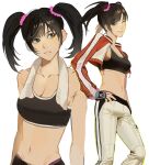  2girls black_gloves black_sports_bra fingerless_gloves gloves gooseactivity hand_on_own_hip highres jacket ling_xiaoyu long_sleeves midriff multiple_girls navel one_eye_closed pants red_jacket simple_background smile sports_bra tekken tekken_4 towel towel_around_neck track_pants twintails white_background white_pants 