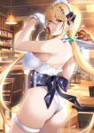  1girl ass blonde_hair breasts chocolate daive highres large_breasts leotard long_hair looking_back maid_headdress mythra_(xenoblade) solo swept_bangs tongue tongue_out twintails valentine white_leotard xenoblade_chronicles_(series) xenoblade_chronicles_2 yellow_eyes 