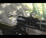  1girl arknights black_gloves blurry blurry_background commentary_request day depth_of_field finger_on_trigger firewatch_(arknights) gloves green_jacket grey_hair gun hair_between_eyes highres holding holding_gun holding_weapon jacket kyoro_(kyoroillust) letterboxed mole mole_under_eye one_eye_closed outdoors parted_lips rifle scope sniper_rifle solo tree weapon yellow_eyes 