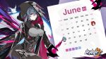  1girl bodysuit breasts calendar_(object) chibi copyright_name grey_hair hair_between_eyes highres honkai_(series) honkai_impact_3rd hood logo murata_himeko official_art purple_eyes raven_(honkai_impact) second-party_source 