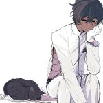  1boy absurdres arjuna_(fate) black_eyes black_hair closed_mouth dark-skinned_male dark_skin expressionless fate/grand_order fate_(series) gloves grey_cat head_rest highres kaigan0211 long_sleeves looking_at_another male_focus pants shirt short_hair sideless_outfit simple_background sitting solo white_background white_gloves white_pants white_shirt 