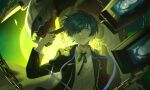  1boy black_jacket black_ribbon blue_eyes blue_hair chain collared_shirt commentary digital_media_player estellaark evoker full_moon gekkoukan_high_school_uniform glint green_sky gun hair_over_one_eye headphones headphones_around_neck highres holding holding_gun holding_weapon jacket long_sleeves looking_at_viewer male_focus moon neck_ribbon open_clothes open_jacket outdoors parted_lips persona persona_3 persona_3_reload pointing pointing_at_self pointing_gun ribbon school_uniform shirt short_hair solo swept_bangs thanatos_(persona) upper_body weapon white_shirt yuuki_makoto_(persona_3) 