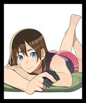  ass barefoot blue_eyes brown_hair copyright_request go_robots hair_ornament hairclip highres lying on_stomach shorts solo 