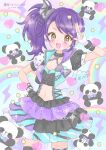  1girl :d black_bow black_collar bow collar cowboy_shot crop_top cropped_jacket fingerless_gloves frilled_skirt frills gloves hand_on_own_hip heart idol_clothes layered_skirt long_hair looking_at_viewer manamoko_(fancy_surprise!) midriff open_mouth panda pretty_series pripara purple_hair rainbow salute short_sleeves side_ponytail skirt smile solo sparkle standing star_(symbol) toudou_shion two-finger_salute white_gloves yellow_eyes 