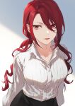  1girl black_pants buttons closed_mouth collar commentary_request eyelashes isa_(peien516) kirijou_mitsuru long_hair pants persona persona_3 red_eyes red_hair red_lips shirt smile solo standing upper_body white_collar white_shirt 