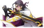  1boy artist_request bangs_pinned_back bismarck_waldstein black_gloves cape code_geass code_geass:_lost_stories facial_hair fighting_stance forehead game_cg geass gem gloves glowing glowing_eyes goatee grey_eyes grey_hair happy heterochromia highres holding holding_sword holding_weapon jacket leaning_forward long_sleeves male_focus military_uniform non-web_source official_art open_mouth pants pink_eyes purple_gemstone short_hair simple_background smile solo standing sword teeth transparent_background two-handed two-sided_cape two-sided_fabric uniform weapon white_cape white_jacket white_pants 