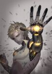  1boy ami_(peg325) black_sclera blonde_hair colored_sclera commentary cyborg earrings english_commentary genos highres jewelry looking_at_viewer male_focus one-punch_man open_mouth short_hair solo teeth yellow_eyes 
