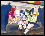  5girls aoki_reika bow candy_(smile_precure!) card cardigan hairband hino_akane_(smile_precure!) hoshizora_miyuki itsuzuki_kanau kise_yayoi kneehighs loafers midorikawa_nao multiple_girls nanairogaoka_middle_school_uniform pink_bow playing_card playing_games precure school_uniform shoes sleeves_rolled_up smile_precure! sweater_vest white_hairband 