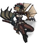 alpha_channel anthro biped breasts clothed clothing dragon female holding_object horn jam_(artist) membrane_(anatomy) membranous_wings non-mammal_breasts prosthetic prosthetic_arm prosthetic_limb scalie simple_background smile solo transparent_background wings