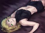  bare_shoulders baten_(gei-vorugu) blonde_hair breasts covered_nipples green_eyes hair_in_mouth highres lips looking_at_viewer lying medium_breasts midriff mizuhashi_parsee navel on_back pointy_ears short_hair skirt sleeveless sleeveless_turtleneck solo touhou turtleneck 