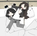  2girls black_eyes black_hair cellphone futon highres lying lying_on_person multiple_girls on_bed on_floor original phone raglan_sleeves sleeping smartphone snoring socks tatami torosakana white_socks zzz 