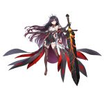  1girl bare_shoulders black_gloves black_hair breasts counter:side covered_navel crown elbow_gloves full_body gloves highres holding holding_sword holding_weapon long_hair looking_at_viewer official_art red_eyes rosaria_le_friede small_breasts solo sword tachi-e thighhighs transparent_background weapon 