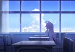  1girl blue_archive blurry chair classroom cloud cumulonimbus_cloud curtains depth_of_field desert desk elbow_on_table elbow_rest facing_away from_side game_cg halo hand_on_own_chin head_rest highres hoshino_(blue_archive) indoors long_hair long_sleeves looking_outside non-web_source official_art on_chair pink_hair puffy_long_sleeves puffy_sleeves school_chair school_desk shirt sitting solo very_long_hair white_shirt window 