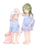 4:5 5_fingers 5_toes alpha_channel blue_eyes clothing dress duo elf feet female fingers green_eyes green_hair hair hi_res human humanoid looking_at_another mammal open_mouth pillow plushie shirt simple_background straviios teeth toes topwear transparent_background unknown_artist white_hair