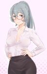  1girl black_skirt blue_eyes breasts collarbone collared_shirt commentary_request dungeon_ni_deai_wo_motomeru_no_wa_machigatteiru_darou_ka grey_hair hands_on_own_hips long_sleeves looking_at_viewer medium_breasts partially_unbuttoned pencil_skirt ponytail red-framed_eyewear rika_rkgk semi-rimless_eyewear shirt simple_background skirt solo syr_flover under-rim_eyewear white_background white_shirt 