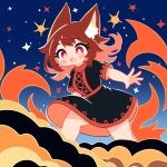  1girl :d absurdres animal_ears black_dress blush blush_stickers brown_hair changkiwi dress fang fire highres long_hair looking_at_viewer open_mouth red_eyes red_hair short_sleeves sky smile solo star_(sky) starry_sky 