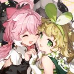  2girls :d absurdres ahoge bison_cangshu blonde_hair character_request fingerless_gloves gloves green_eyes highres looking_at_viewer multiple_girls pink_hair smile upper_body wuthering_waves 