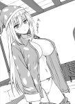  1girl areola_slip bed breasts breasts_out collarbone covered_nipples greyscale hair_down hako_roku hat highres large_breasts long_hair makai_gacha_wa_kyou_mo_shibui monochrome navel no_bra open_clothes open_shirt pajamas panties ravi sleepwear solo thighs underwear waking_up white_panties 