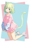  1girl absurdres animal_ear_fluff animal_ears cat_ears cat_girl cat_tail fang full_body green_eyes green_hair highres interlocked_fingers long_sleeves looking_at_viewer neo no_pants open_mouth original own_hands_together pink_sweater puffy_long_sleeves puffy_sleeves short_hair simple_background skin_fang sweater tail 