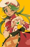  1girl apron beret blush buttons dark-skinned_female dark_skin green_eyes green_hair hat heart heart_hands highres kawasaki_(kwsk_8765) long_hair looking_at_viewer mallow_(palentine&#039;s_2023)_(pokemon) mallow_(pokemon) neckerchief official_alternate_costume one_eye_closed open_mouth pokemon pokemon_masters_ex red_neckerchief simple_background twintails waist_apron yellow_background 