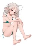  1girl absurdres ass bare_arms bare_legs bare_shoulders barefoot bikini blush breasts closed_mouth collarbone commentary_request elf full_body green_bikini grey_hair head_tilt highres knees_up mushoku_tensei nakatokung navel pointy_ears red_eyes side-tie_bikini_bottom simple_background sitting small_breasts smile solo swimsuit sylphiette_(mushoku_tensei) white_background 