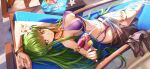  1girl aiming aiming_at_viewer arm_up armlet artist_request bare_shoulders bikini black_sarong blush breasts c.c. code_geass code_geass:_lost_stories finger_on_trigger firing flower game_cg gold green_hair highres holding holding_water_gun jewelry knees_together_feet_apart light_blush long_hair looking_at_viewer lying medium_breasts multi-strapped_bikini_bottom multi-strapped_bikini_top navel non-web_source o-ring o-ring_bikini official_art on_back parted_lips petals purple_bikini ring sarong see-through_sarong sidelocks skindentation solo sparkle squirting_liquid stomach sweat swimsuit table teeth thighlet very_long_hair water water_gun white_flower yellow_eyes 