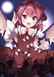  1girl animal_ears bird_ears bird_wings blush brown_headwear hat highres looking_at_viewer mystia_lorelei open_mouth pink_hair purple_eyes ruu_(tksymkw) short_hair smile solo touhou white_wings winged_hat wings 