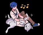  1boy animal ashthelazy black_background blue_eyes blue_footwear blue_hair brown_pants closed_mouth commentary digital_media_player dog english_commentary full_body hair_between_eyes headphones headphones_around_neck highres koromaru_(persona) lying male_focus musical_note on_back pants persona persona_3 petting shirt short_hair short_sleeves simple_background sitting smile white_shirt yuuki_makoto_(persona_3) 