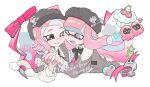  2girls artist_name black_eyes black_headwear border bow cherry cupcake food fruit gradient_background grey_eyes heart highres holding_hands inkling_girl inkling_player_character kiwi_splatoon long_hair medium_hair multiple_girls octoling_girl octoling_player_character octopus one_eye_closed outside_border pink_background pink_bow pink_hair pink_ribbon rainbow ribbon smile splatoon_(series) squid star_(symbol) teeth tentacle_hair two-tone_background white_background white_border yuri 