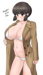  1girl absurdres alternate_costume bikini blush breasts brown_coat brown_eyes brown_hair cleavage closed_mouth coat commentary_request cowboy_shot dated hair_ribbon highres kantai_collection large_breasts long_sleeves maru_(marg0613) myoukou_(kancolle) navel one-hour_drawing_challenge open_clothes open_coat ribbon short_hair simple_background solo swimsuit tress_ribbon twitter_username white_background white_bikini 