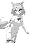  1girl animal_ears covered_navel fang feet_out_of_frame fox_ears fox_tail greyscale kudamaki_tsukasa looking_at_viewer monochrome onkn_sxkn open_mouth ribbon romper short_hair short_sleeves simple_background smile solo tail touhou white_background 