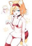  absurdres animal_ears bikini black_survival blonde_hair blue_eyes blush cat_ears choker earrings erinaka0413 eternal_return:_black_survival hairband heterochromia highres irem_(black_survival) jewelry medium_hair micro_bikini necklace open_mouth orange_eyes paw_pose skinny swimsuit 