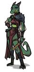 alpha_channel anthro biped blue_eyes claws clothed clothing countershade_face countershade_neck countershade_tail countershade_torso countershading female fingers green_body holding_object holding_weapon horn jam_(artist) kobold scalie simple_background solo tail transparent_background weapon
