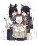  3girls absurdres animal_ears black_choker black_eyes black_hair black_jacket blue_archive blue_neckerchief blue_skirt breasts brown_hair cat_ears choker closed_mouth collared_shirt colored_inner_hair covered_eyes doodle_sensei_(blue_archive) female_sensei_(blue_archive) halo heart heart-shaped_pupils highres jacket kazusa_(blue_archive) kikyou_(blue_archive) long_hair long_sleeves multicolored_hair multiple_girls neckerchief open_mouth pink_hair pink_halo pink_neckerchief red_eyes sensei_(blue_archive) shirt simple_background skirt speech_bubble symbol-shaped_pupils tongue tongue_out translation_request uuuron_cha white_background white_shirt 