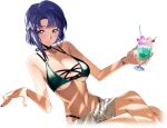  1girl alcohol artist_request bare_shoulders bikini black_choker blue_eyes blue_hair blush bracelet breasts cecile_croomy cherry choker cleavage closed_mouth code_geass code_geass:_lost_stories collarbone crossed_legs cup dappled_sunlight drink drinking_glass drinking_straw dutch_angle earrings flower food fruit game_cg green_bikini hands_up happy highleg highleg_bikini holding holding_cup holding_drink hoop_earrings ice ice_cube jewelry large_breasts looking_at_viewer multi-strapped_bikini_top nail_polish navel non-web_source official_art orange_(fruit) orange_slice pink_flower red_nails sarong short_hair sidelocks simple_background sitting skindentation smile solo stomach sunlight sweat swimsuit transparent_background two-tone_bikini underboob white_sarong 