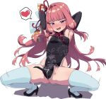  1girl black_dress black_gloves blush breasts china_dress chinese_clothes dress elbow_gloves gloves hair_ribbon heart high_heels homura_shinji kotonoha_akane long_hair no_panties open_mouth pelvic_curtain pink_eyes pink_hair ribbon small_breasts smile solo spoken_heart squatting sweat thighhighs voiceroid white_thighhighs 