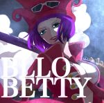  1girl belo_betty blue_eyes bob_cut breasts character_name cleavage goggles goggles_on_headwear hat hat_feather holding holding_stick looking_to_the_side necktie one_piece purple_hair smile solo stick third-party_source twitter_username u21hwm upper_body 
