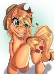 absurd_res applejack_(mlp) blonde_hair clothing country_girl cowboy_hat cutie_mark darkfang100 equid equine female feral freckles friendship_is_magic fur glistening glistening_teeth green_eyes hair hasbro hat headgear headwear hi_res horse mammal my_little_pony pony simple_background smile solo tattoo teeth yellow_body yellow_fur