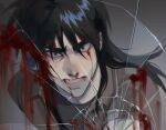  1boy black_eyes black_hair black_shirt blood blood_on_face blood_on_mirror broken_mirror brown_jacket clenched_teeth commentary_request crack cracked_glass hair_between_eyes highres itou_kaiji jacket kaiji korean_commentary long_bangs long_hair looking_at_viewer male_focus mirror panespaghetti shirt solo teeth undershirt upper_body 