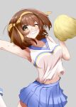  1girl arm_up armpits blue_skirt blush bob_cut brown_eyes brown_hair cheerleader commentary_request grey_background hair_ribbon hairband highres holding holding_pom_poms medium_hair navel official_alternate_costume one_eye_closed pom_pom_(cheerleading) ribbon school_uniform serafuku shirt simple_background skirt sleeveless sleeveless_shirt solo suzumiya_haruhi suzumiya_haruhi_no_yuuutsu tanishi_(hetianming11093) teeth white_shirt yellow_hairband yellow_ribbon 