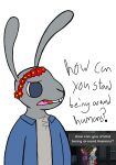 alien ambiguous_gender anthro big_eyes big_pupils blue_clothing blue_coat blue_topwear buckteeth bunnykin chest_tuft clothed clothing coat digital_media_(artwork) english_text flower flower_crown fur grey_body grey_fur hi_res indirectbunny lagomorph leporid long_ears mammal open_clothing open_coat open_mouth open_topwear pink_tongue plant pupils question rabbit reference_image shirtless simple_background snout solo speciesism starbound teeth text three-quarter_view tongue topwear tuft white_background