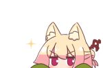  1girl animal_ear_fluff animal_ears blonde_hair commentary_request fox_ears hair_between_eyes hair_bun hair_ornament kemomimi-chan_(naga_u) looking_at_viewer naga_u original peeking_out purple_eyes simple_background solo sparkle v-shaped_eyebrows white_background 