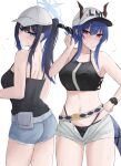  2girls arknights ass bare_shoulders baseball_cap belt bikini black_bikini blue_archive blue_eyes blue_hair breasts camisole ch&#039;en_(arknights) commentary cowboy_shot cutoffs dragon_horns dragon_tail female_tourist_c_(arknights) grey_shorts hand_on_own_hip hand_up hat highres holding holding_removed_eyewear horns horns_through_headwear large_breasts long_hair looking_at_viewer multiple_girls namikare navel open_fly ponytail saori_(blue_archive) short_shorts shorts simple_background spaghetti_strap standing stomach sunglasses swimsuit tail thighs unworn_eyewear white_background white_headwear 