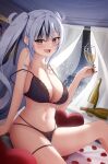  1girl azur_lane black_bra black_hair black_panties bottle bra breasts champagne_flute cup drinking_glass elbe_(azur_lane) fang heart heart-shaped_pillow highres holding holding_cup lace-trimmed_bra lace_trim large_breasts long_hair looking_at_viewer multicolored_hair nail_polish night open_mouth panties petals pillow sitting skin_fang skyline smile streaked_hair string_panties surisuririsu thigh_strap twintails underwear underwear_only white_hair wine_bottle 