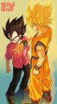  2boys angry aura blonde_hair boots brown_hair dragon_ball dragonball_z eyebrows male male_focus multiple_boys slap slapping son_gokuu spiked_hair super_saiyan surprised thick_eyebrows vegeta wristband 