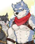 4:5 abs absurd_res anthro blep blue_eyes blush canid canine canis crave_saga duo eyebrows fur fwflunky gesture grey_body grey_fur hakuma_(crave_saga) hand_gesture harness hi_res leather male male/male mammal nipples pecs scarf shirtless thick_eyebrows thumbs_up tongue tongue_out wolf